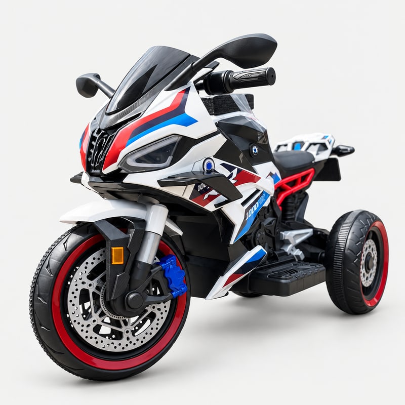 BMW powerbike — White / Blue / Red electric ride-on, front three-quarter, on a light-grey background.