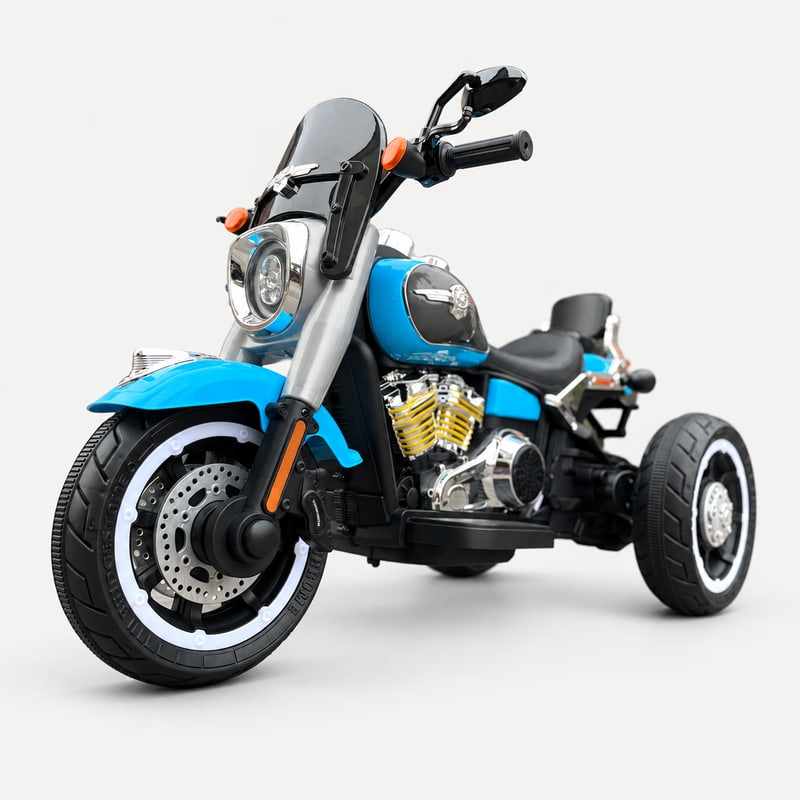 Country cruiser powerbike — Blue electric ride-on, front three-quarter, on a light-grey background.