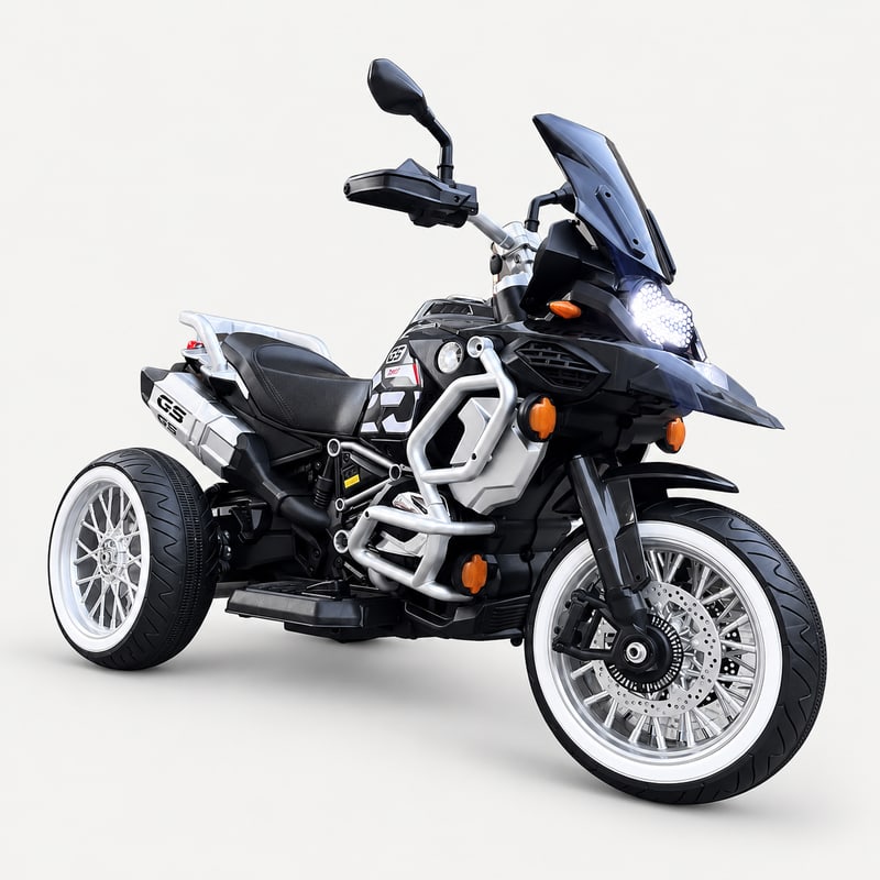 GS Max powerbike — Black electric ride-on, side three-quarter, on a light-grey background.