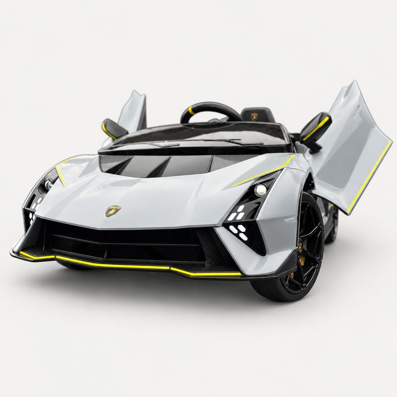 Lamborghini Authentica — Grey electric ride-on, front three-quarter, doors open, on a light-grey background.