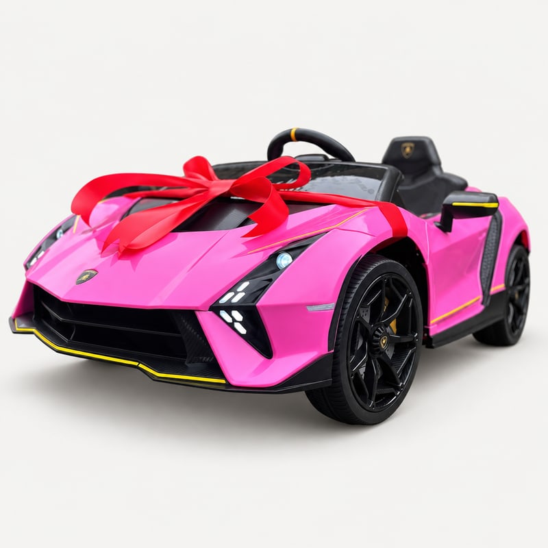 Lamborghini Authentica — Pink electric ride-on, front three-quarter with gift bow, on a light-grey background.
