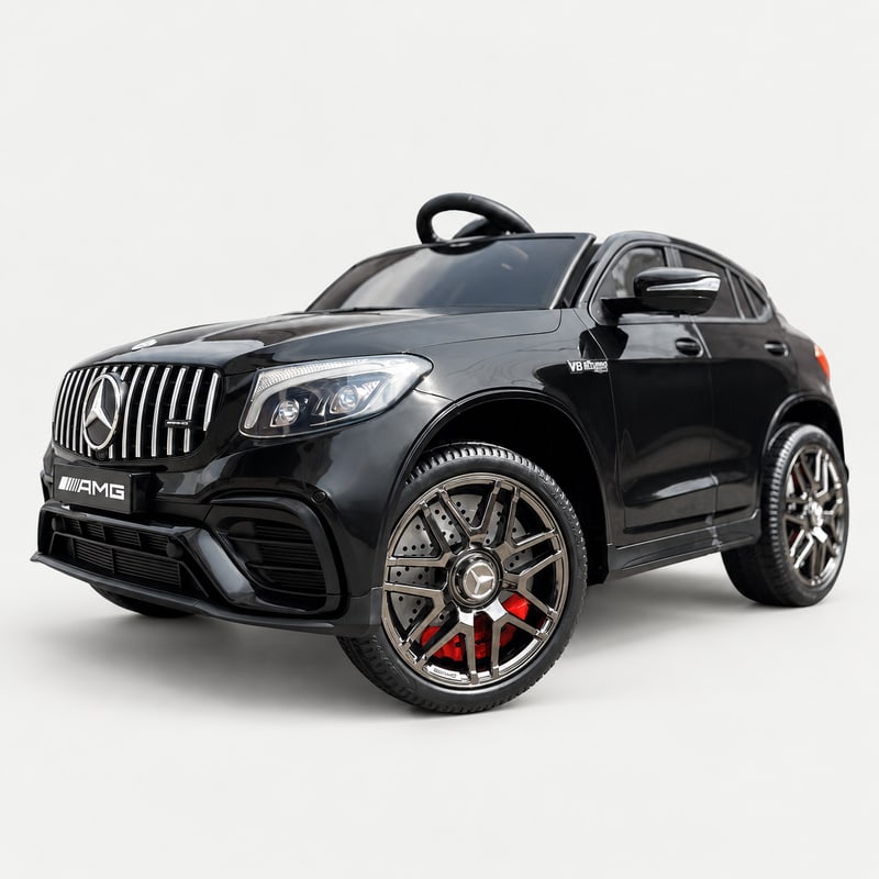 Mercedes GLC63 — Black electric ride-on, front three-quarter, on a light-grey background.
