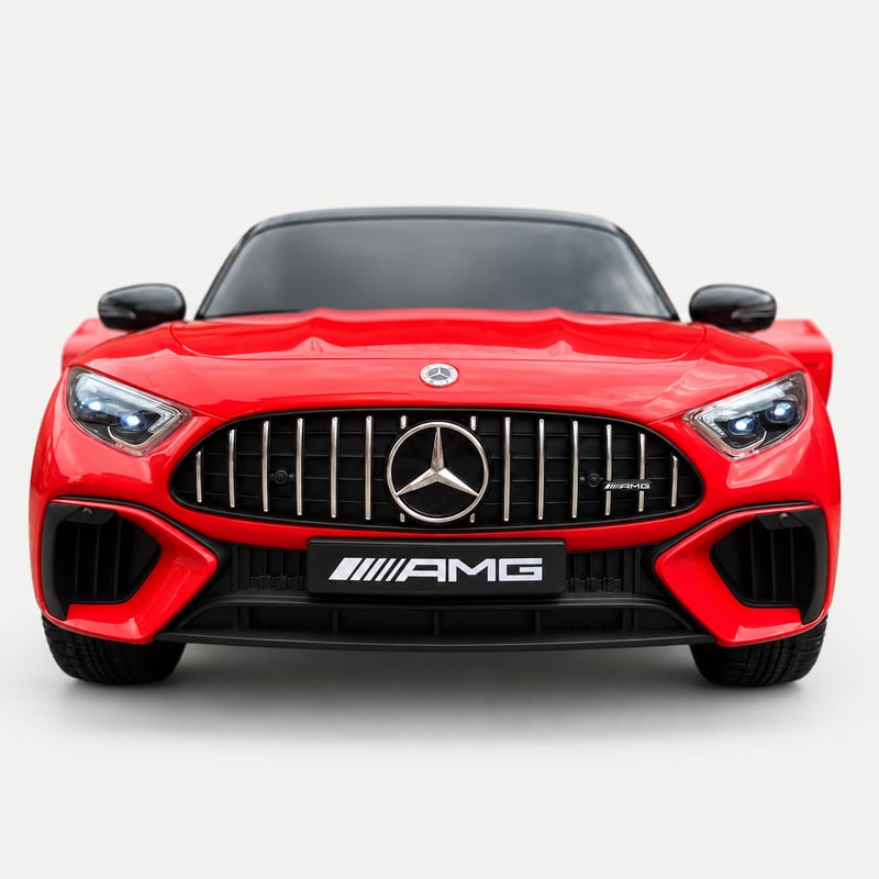 Mercedes SL63 — Red electric ride-on, front view, on a light-grey background.