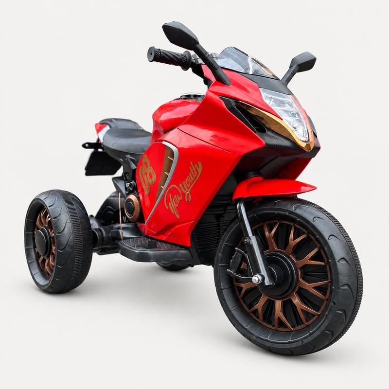 Motocross powerbike — Red electric ride-on, front three-quarter, on a light-grey background.