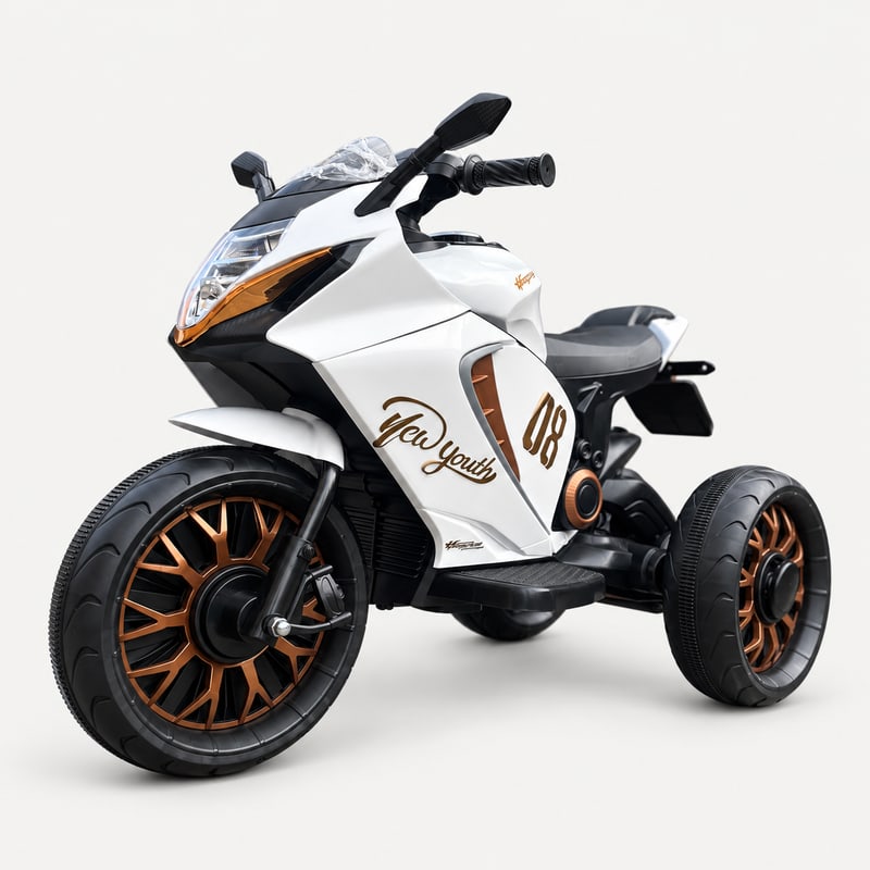 Motocross powerbike — White electric ride-on, front three-quarter, on a light-grey background.