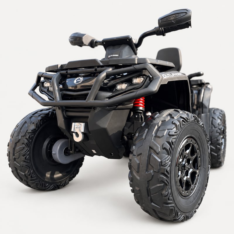 Outlander quad bike — Black electric ride-on, front three-quarter, on a light-grey background.