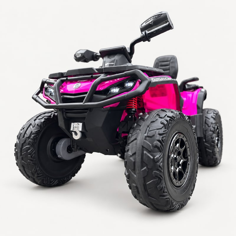 Outlander quad bike — Pink electric ride-on, front three-quarter, on a light-grey background.