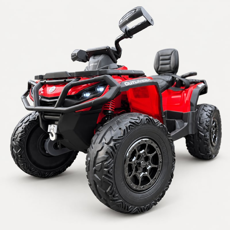 Outlander quad bike — Red electric ride-on, front three-quarter, on a light-grey background.
