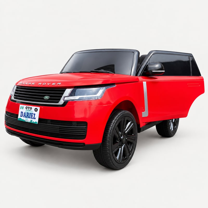 Range Rover — Red electric ride-on, front three-quarter, door open, on a light-grey background.