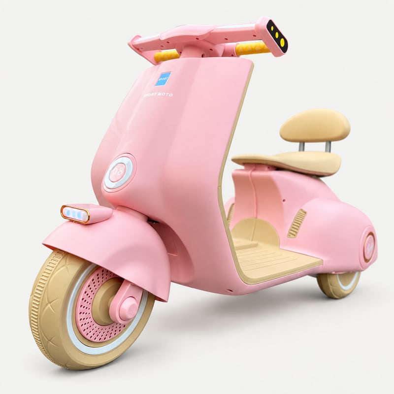 Vespa Electric Scooter — Pink electric ride-on, front three-quarter, on a light-grey background.